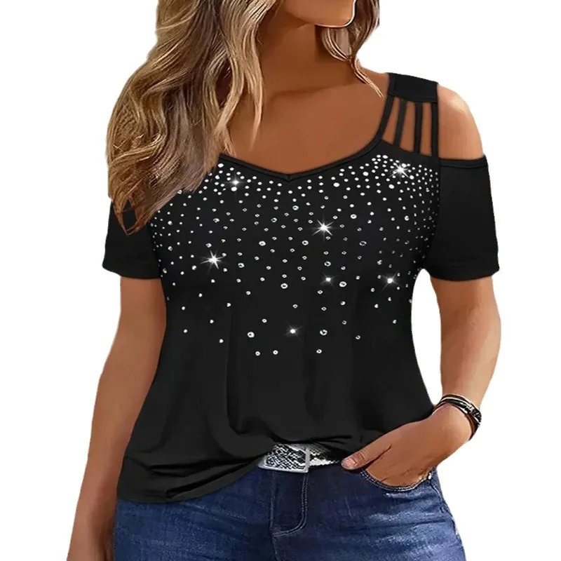 Camiseta de manga corta de talla grande con hombros descubiertos para mujer, top, novedad de 2024 - Imagen 3