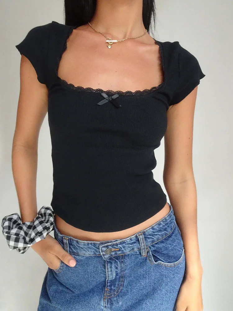 Camiseta Vintage y2k para bebé, camiseta de punto con ribete de encaje de cabaña, camiseta de manga corta con cuello cuadrado de verano para mujer, Top corto blanco de la lechera - Imagen 3