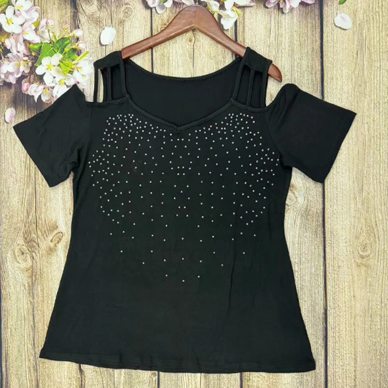 Camiseta de manga corta de talla grande con hombros descubiertos para mujer, top, novedad de 2024 - Imagen 4