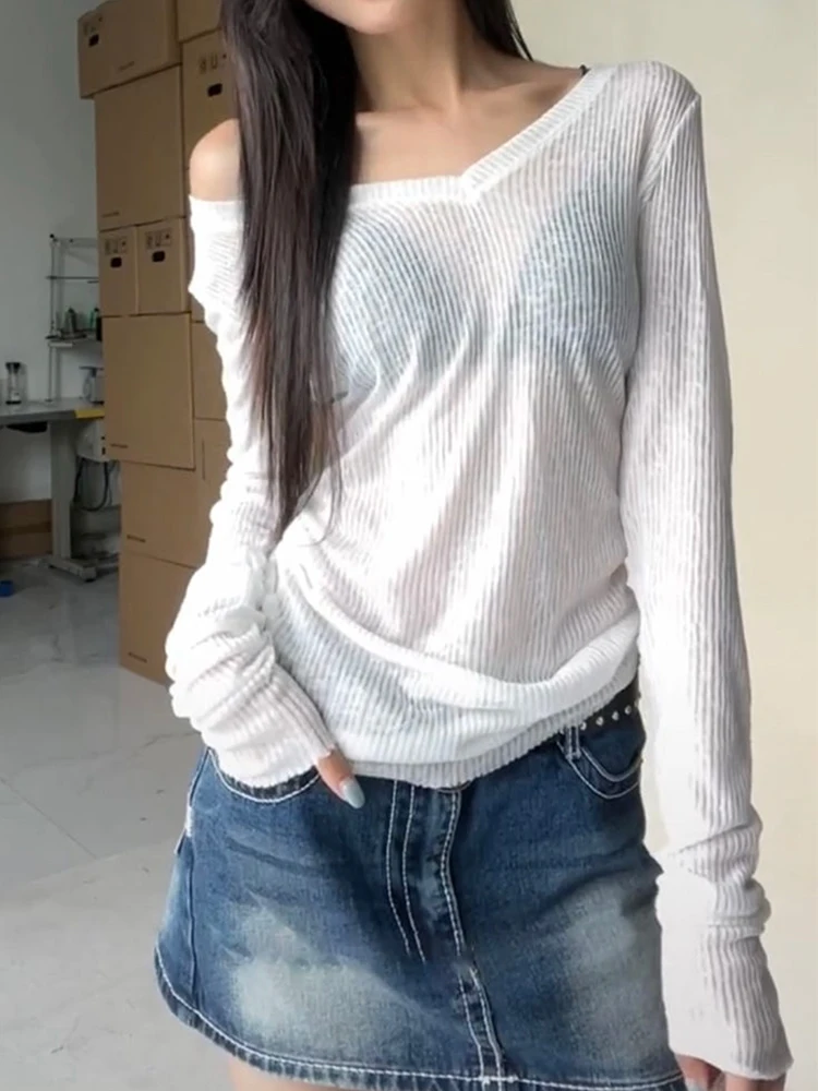 Camiseta de manga larga para mujer, camisas informales ajustadas lisas con perspectiva fina, jerséis para mujer, camiseta básica, ropa Y2k, Top de calle - Imagen 5