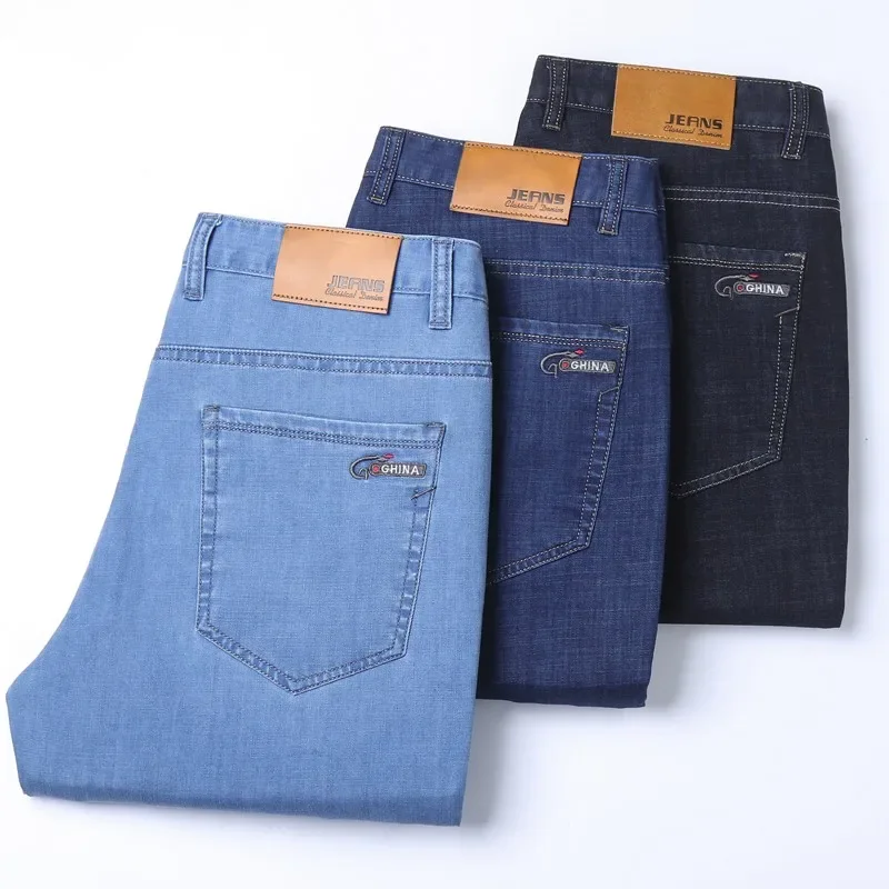 Nuevos pantalones vaqueros finos de seda de hielo para hombres, pantalones de algodón elásticos rectos azules, pantalones ligeros informales de negocios para primavera y verano - Imagen 4