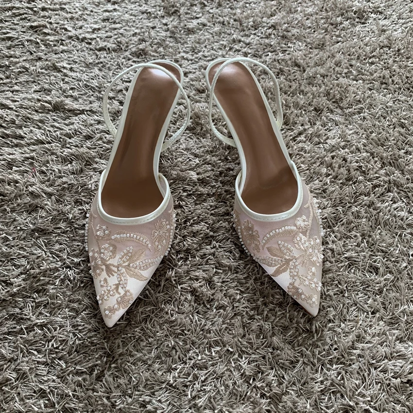 Sandalias De tacón alto finas bordadas De malla para Mujer, zapatos De tacón sexis con talón descubierto y punta estrecha, zapatos De vestir, Sandalias De Mujer 2025 - Imagen 2