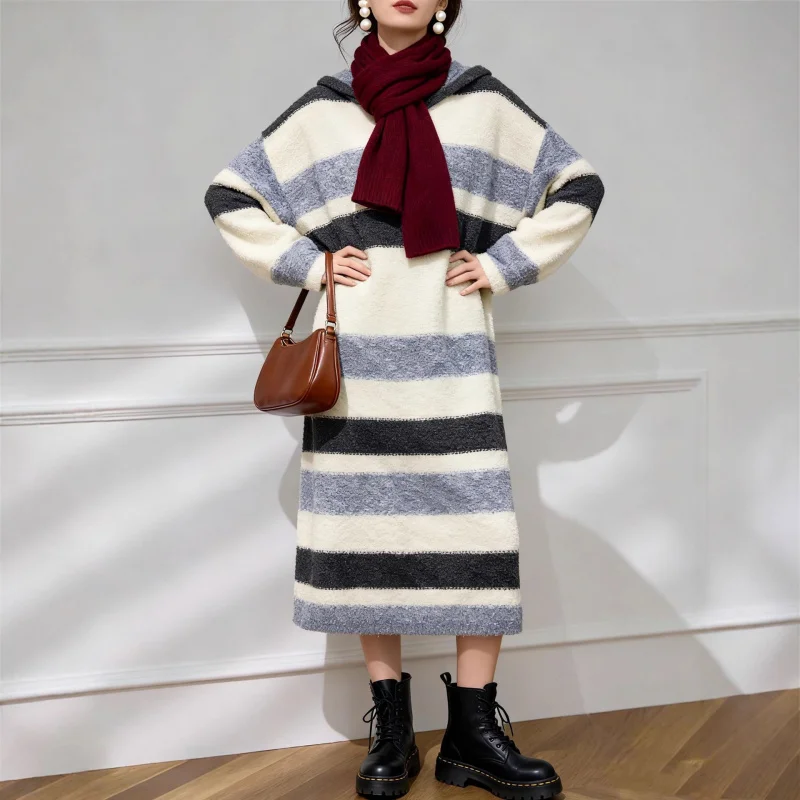 Vestido de Mujer Casual con Capucha y Rayas, Estilo Nuevo Primavera-Otoño 2026, Cálido y Holgado - Imagen 3