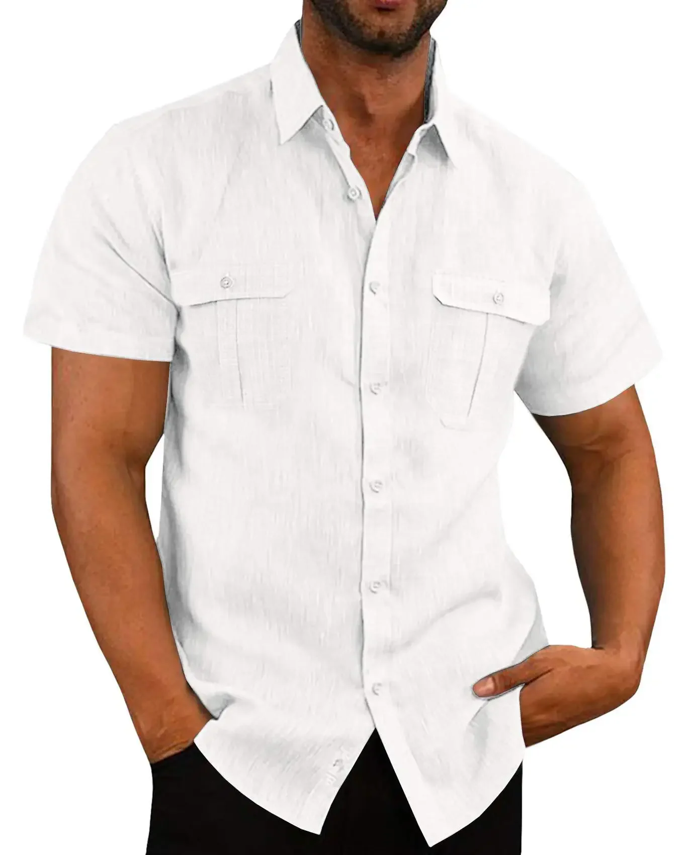 Camisas de Lino para Hombre, Oferta, Camisas de Manga Corta para Hombre, Color Sólido, Cuello Cómodo, Estilo Casual de Playa, Tallas Grandes, Camisas Masculinas M-4XL - Imagen 4