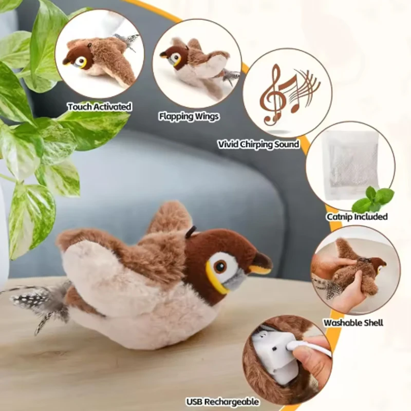 Juguete interactivo de pájaro de imitación para gato, juguetes interactivos para perros, pájaro batiente recargable (sin volar), juguete de peluche activado por tacto para mascotas - Imagen 5