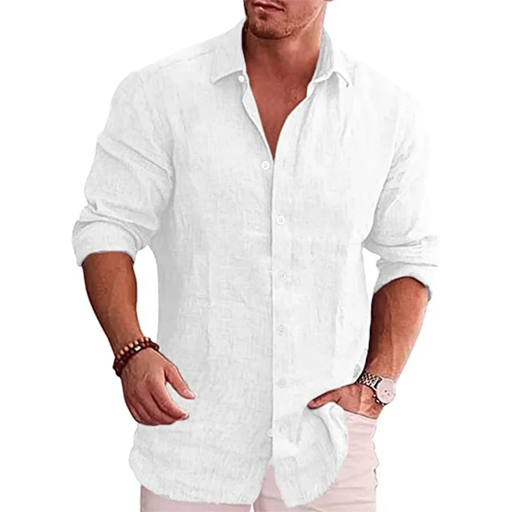 Camisa de manga larga de algodón y lino para hombre, superventas de otoño, Color sólido, estilo informal, camisa de lino informal de talla grande para hombre - Imagen 3