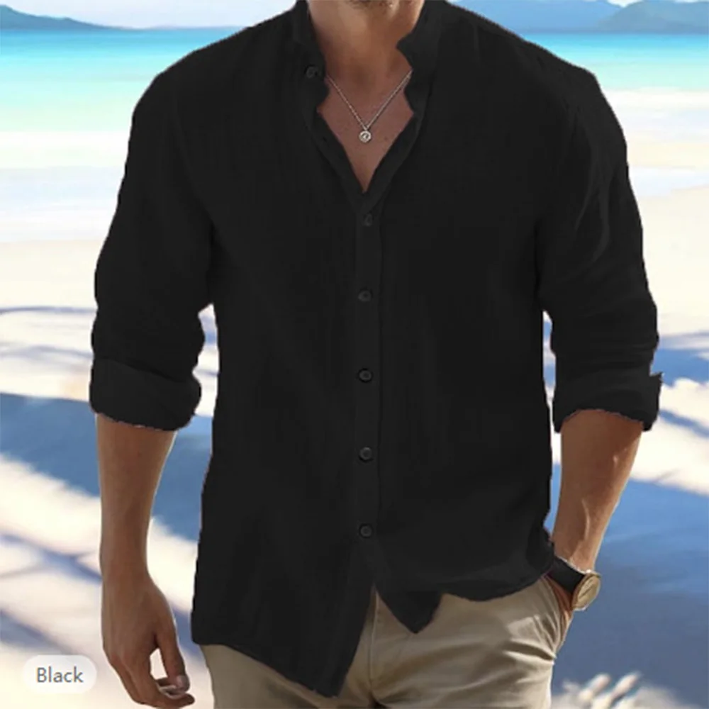 Camisas de manga larga para hombre, gran oferta de lino y algodón, Color sólido, cuello levantado, estilo informal de playa de talla grande, verano - Imagen 4