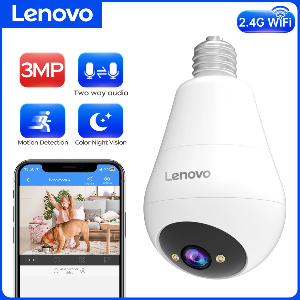 Lenovo 3MP WIFI E27 bombilla cámara de seguridad