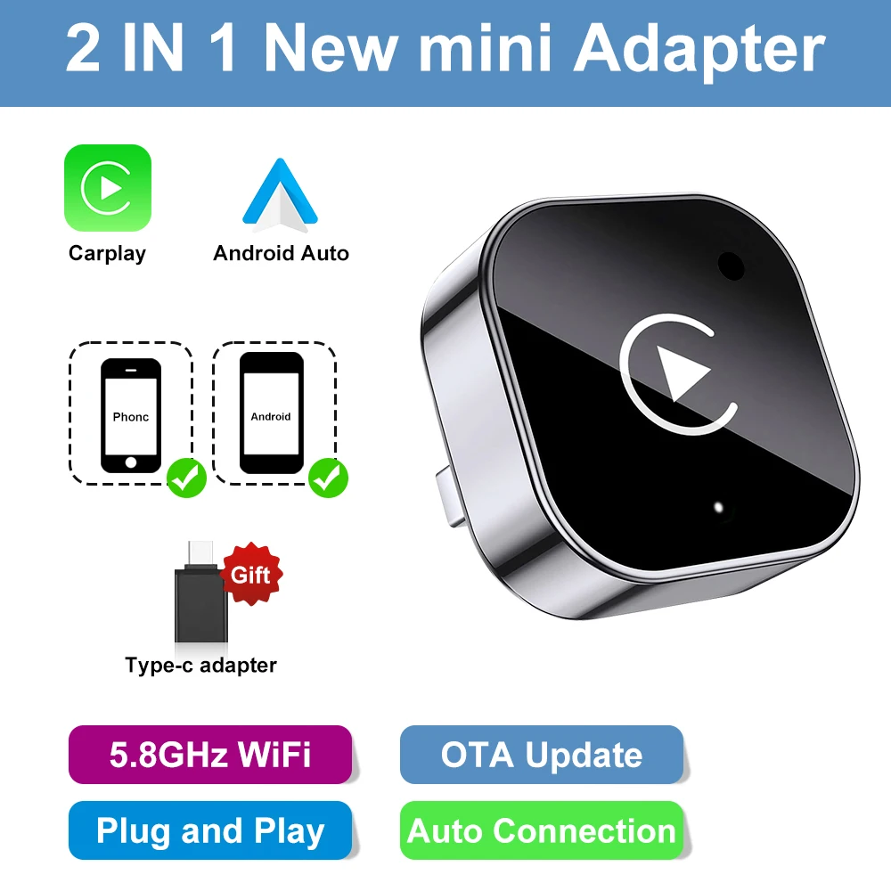 Adaptador Inalámbrico CarPlay 2 en 1, Dongle de Cableado a Inalámbrico para Apple y Android Auto, Plug and Play, Accesorio Universal para Auto - Imagen 6