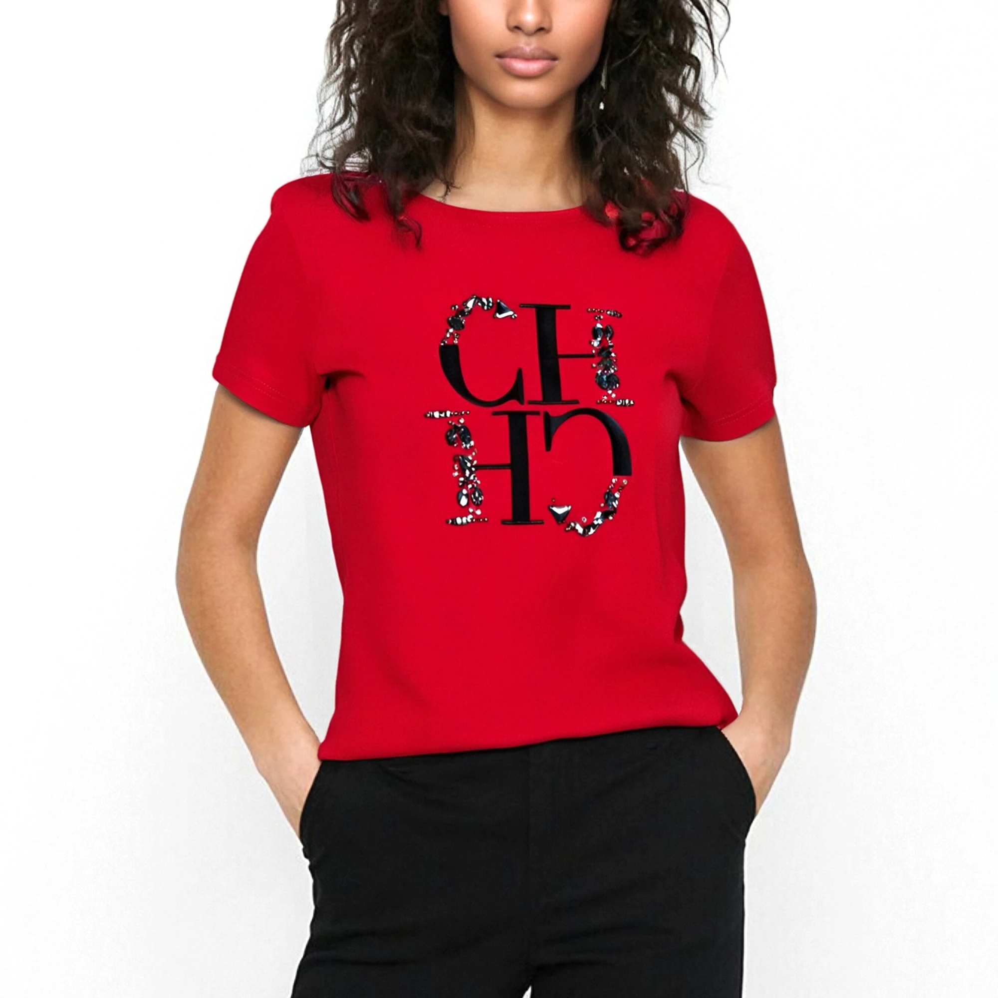 CHCH-Camiseta para mujer, Top informal bordado a mano de industria pesada, ropa sencilla de manga corta con cuello redondo, 2025 - Imagen 3