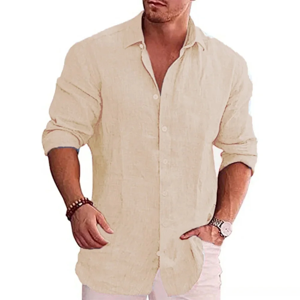 Camisa de manga larga de algodón y lino para hombre, superventas de otoño, Color sólido, estilo informal, camisa de lino informal de talla grande para hombre - Imagen 5
