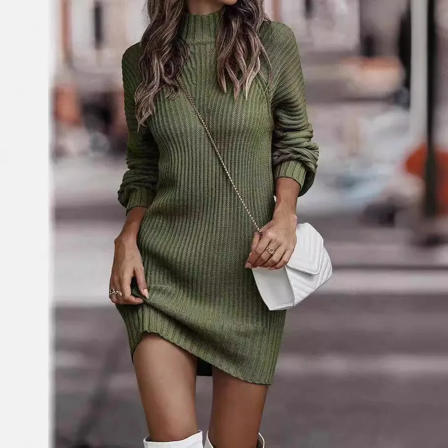 Jersey vestido suéter para mujer de manga larga con cuello alto de punto acanalado vestido corto ajustado 2025 Otoño Invierno vestidos de suéter ajustados - Imagen 4