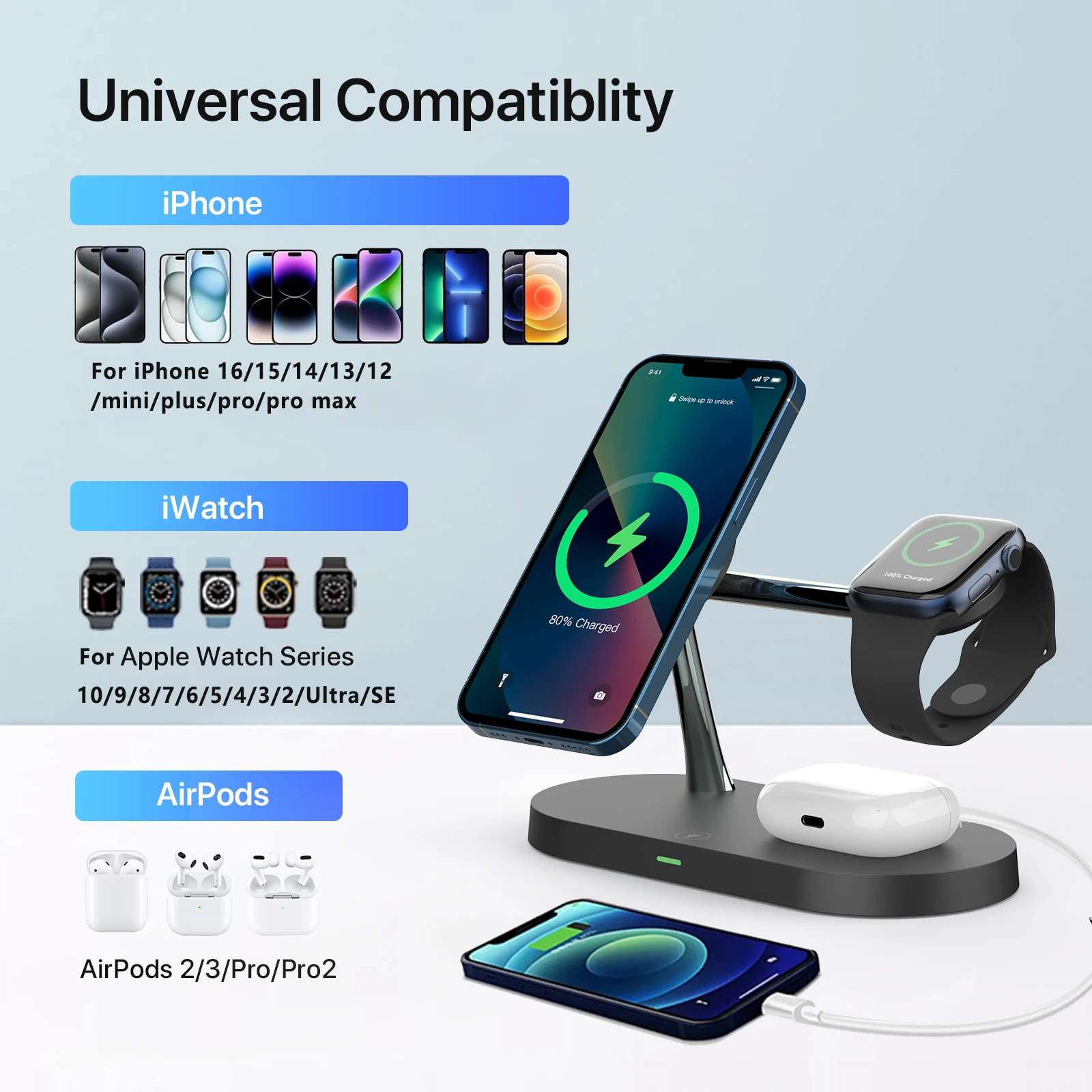 Soporte de cargador inalámbrico 3 en 1 para iPhone 12/13/14/15/16/17 Estación de carga rápida para Apple Watch 10 9 8 7 6 5 4 Airpods 2 3 Pro - Imagen 3