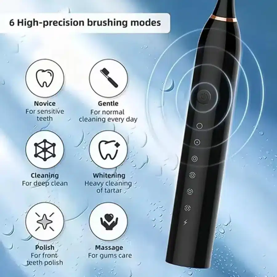 Cepillo de dientes eléctrico sónico para adultos, cabezal de cepillo DuPont impermeable IPX7, recargable por USB, limpieza de alta frecuencia, 6 modos de limpieza - Imagen 2